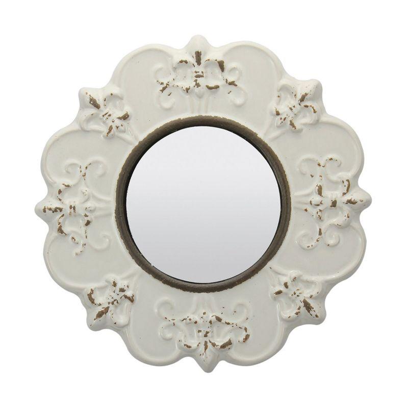 Antique White 8" Round Ceramic Fleur de Lis Wall Mirror