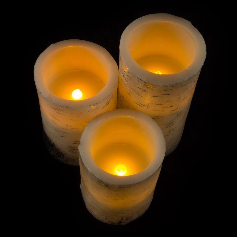 Flickering Flameless LED Candles with Birch Bark- Set of 3 Battery Operated Real Wax Pillar Candles with Remote Control and Timer by Lavish Home