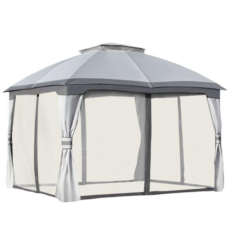 Gray Steel Outdoor Gazebo with Mesh Sidewalls and Vented Roof