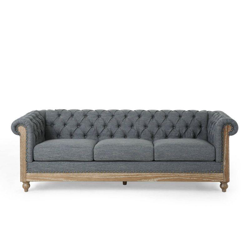 Saragus Chesterfield Tufted 3 Seater Sofa with Nailhead Trim Charcoal/Dark Brown - Christopher Knight Home