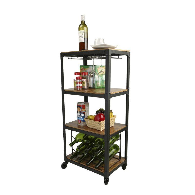 Black Wood and Metal Rolling Bar Cart with Wine Rack