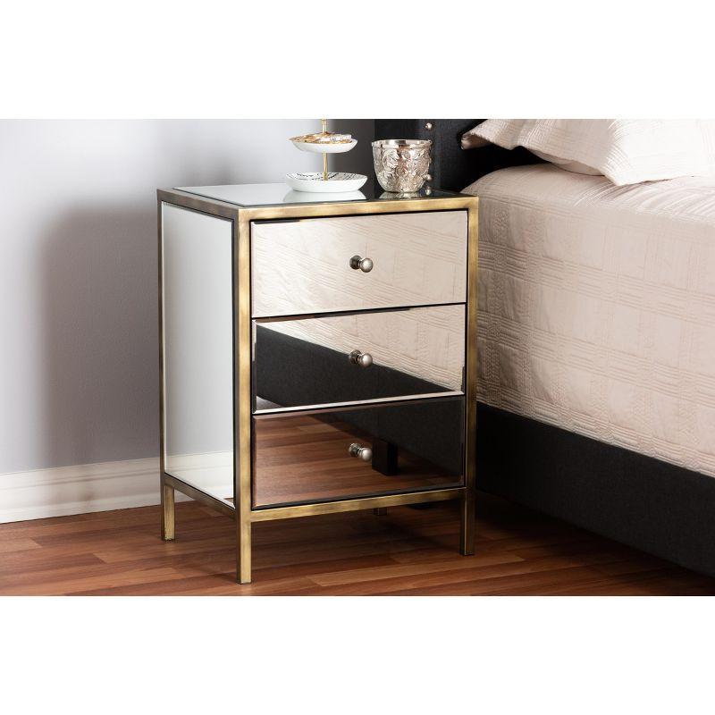 Nouria Mirrored 3 Drawer Nightstand: MDF Wood, Antique Brass Trim - BaxtonStudio