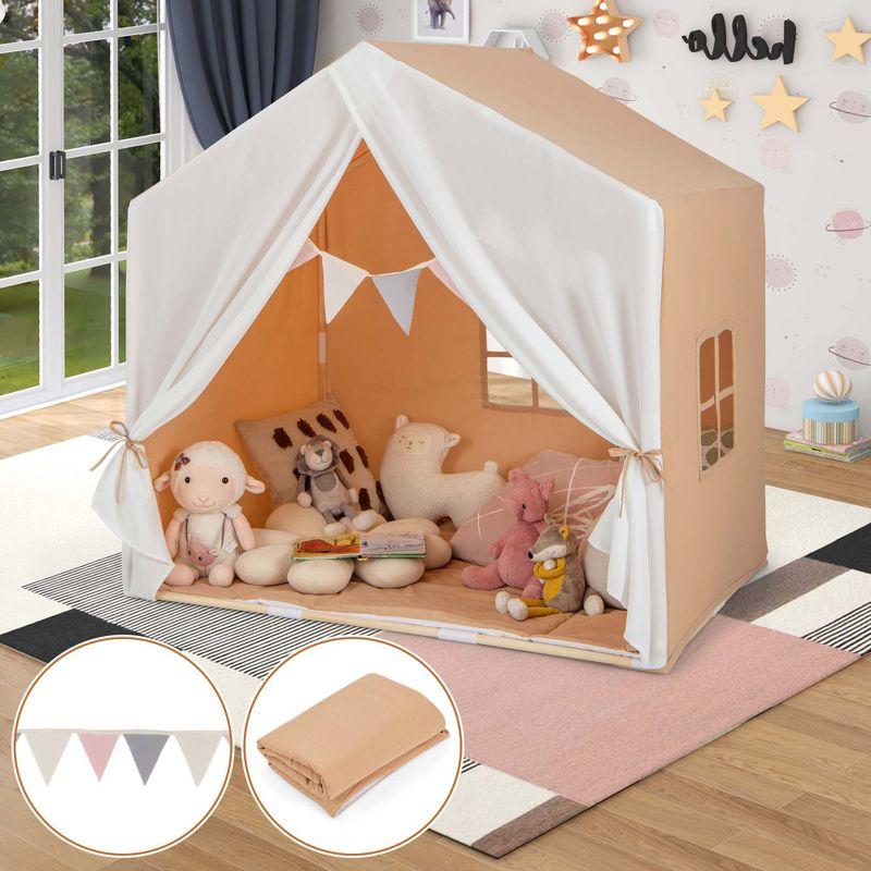 Costway Kid's Play Tent Toddler Playhouse Castle Solid Wood Frame with Washable Mat Orange/Pink