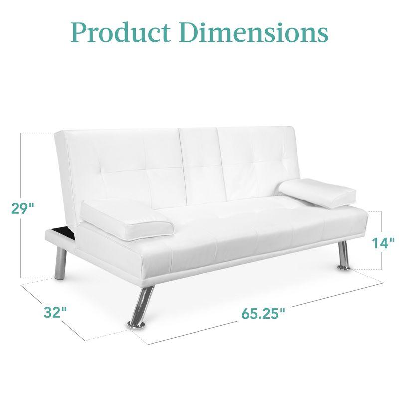 White Faux Leather Convertible Sleeper Sofa with Cup Holders