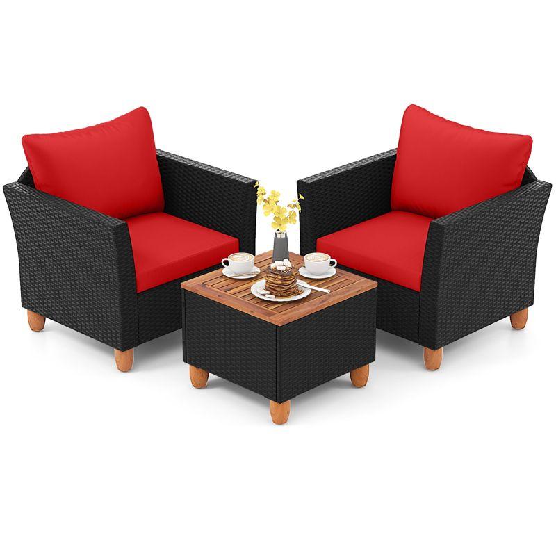 Tangkula 3PCS Patio Rattan Conversation Set Outdoor Furniture Set w/ Red Cushions