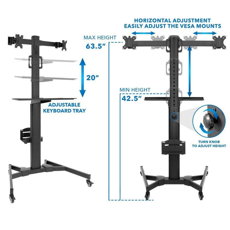 Adjustable Black Steel Mobile Dual Monitor Computer Cart