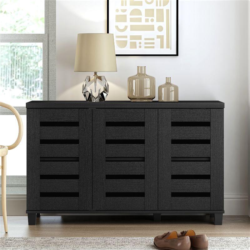 28-Inch Black Wood 3-Door Shoe Cabinet