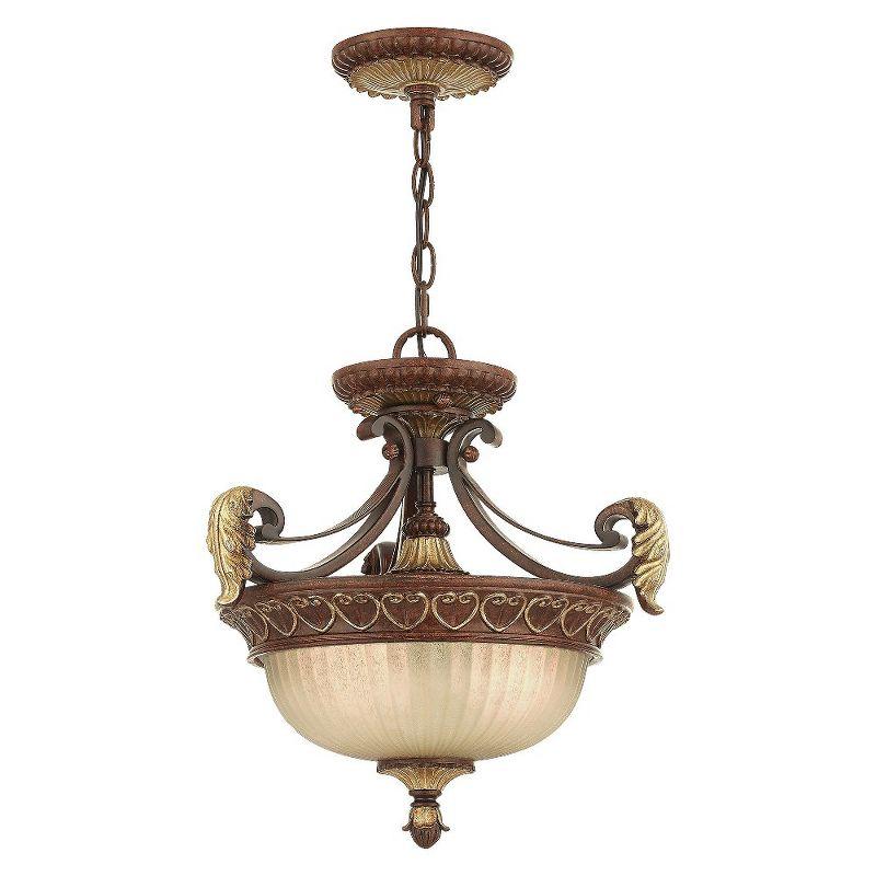 Villa Verona Bronze & Aged Gold Leaf 2-Light Pendant with Rustic Art Glass