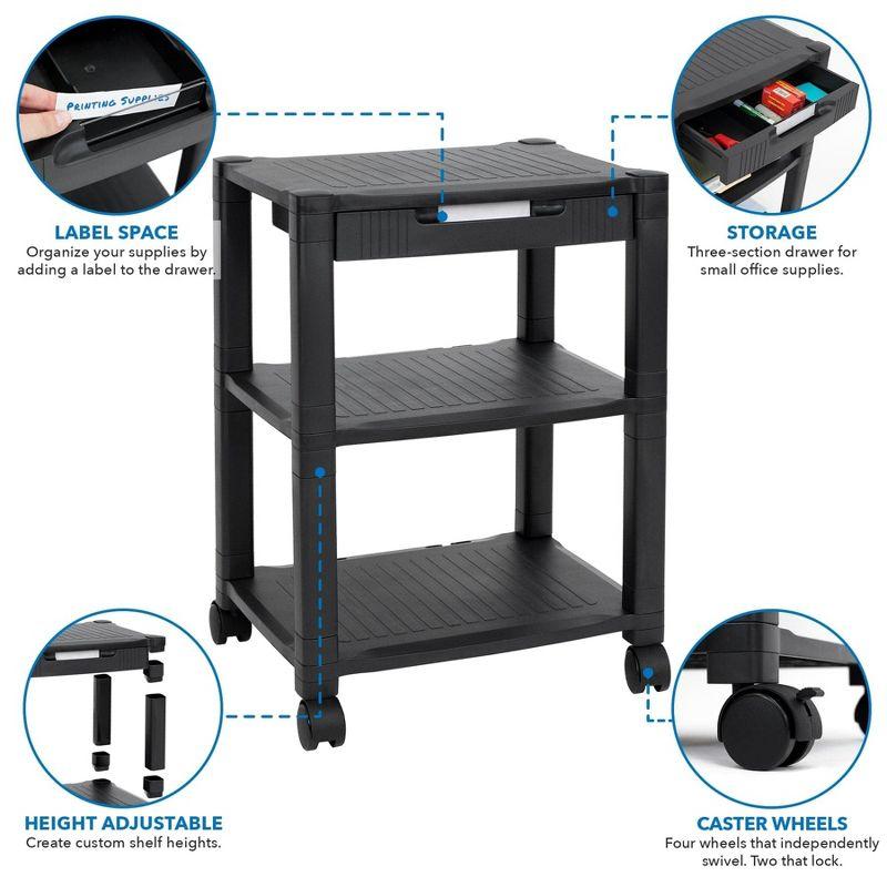 Mount-It! 3 Tier Mobile Printer Stand with Drawer | Height Adjustable Printer Cart with 4 Swivel Wheels and Cable Management | Rolling Printer Stand