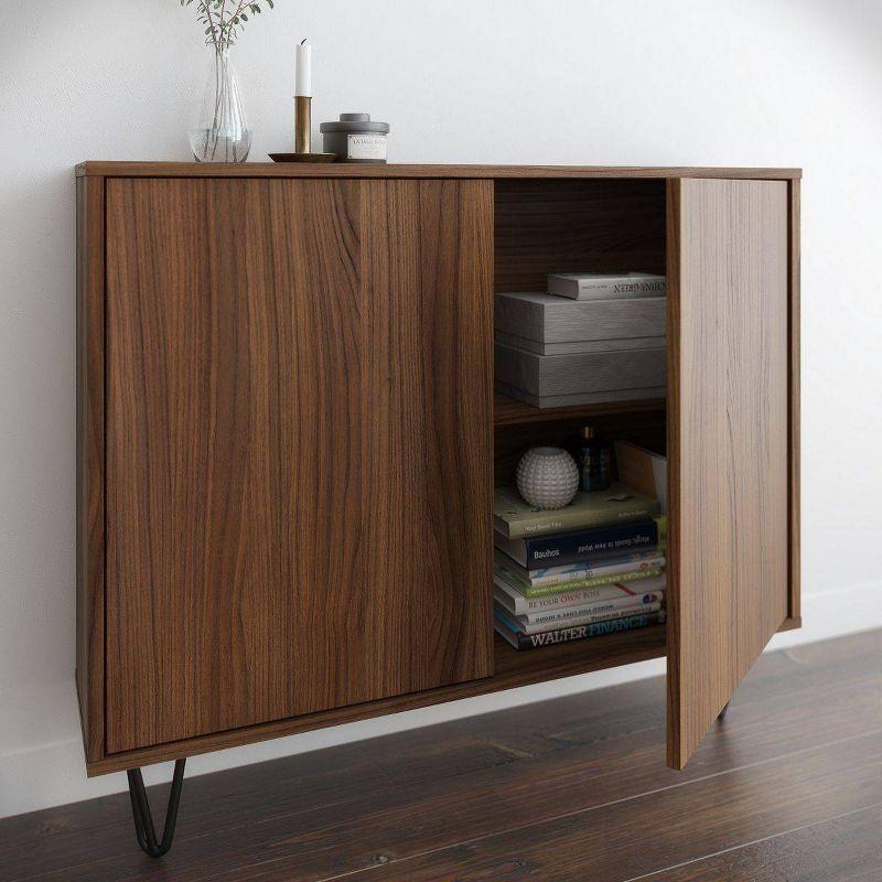 Slim Walnut 2-Door Storage Cabinet with Adjustable Shelving