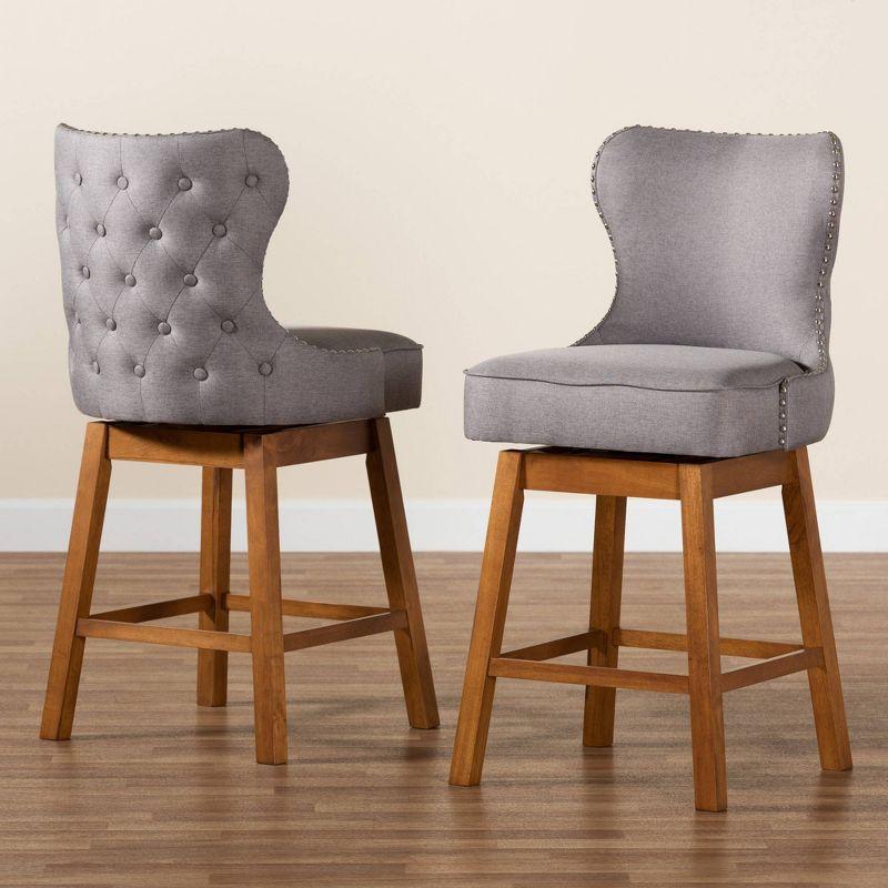 2pc Gradisca Wood Swivel Counter Stool Set Gray/Walnut Brown - Baxton Studio: Upholstered, Button Tufted, Nailhead Trim