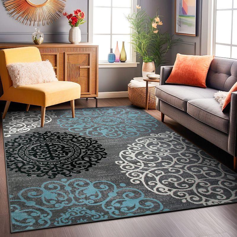 Gray and Blue Floral Synthetic Low Pile Area Rug