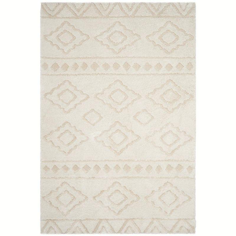 Ivory/Beige Geometric Soft Shag Synthetic Area Rug, 5'1" x 7'6"