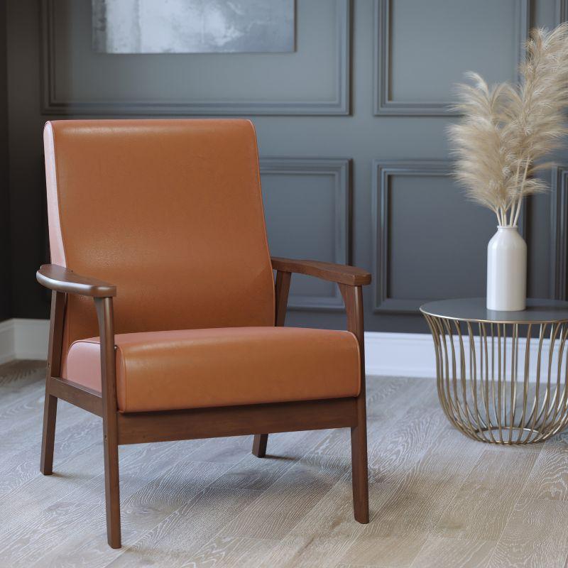 Cognac LeatherSoft Mid-Century Modern Accent Chair with Walnut Wooden Frame