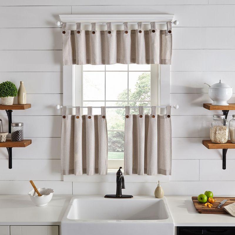 Tucker Ticking Stripe Button Tab Top Window Kitchen Tier Set of 2 - 30" x 24" - Linen - Elrene Home Fashions