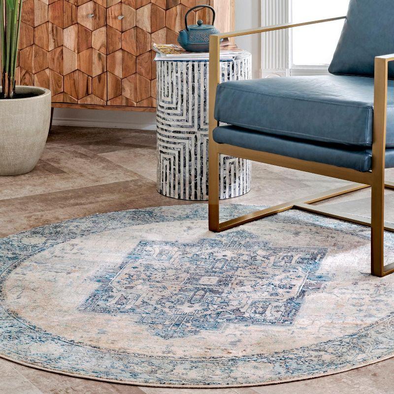 Reversible Medallion Fringe Light Blue Synthetic Area Rug 7'x9'