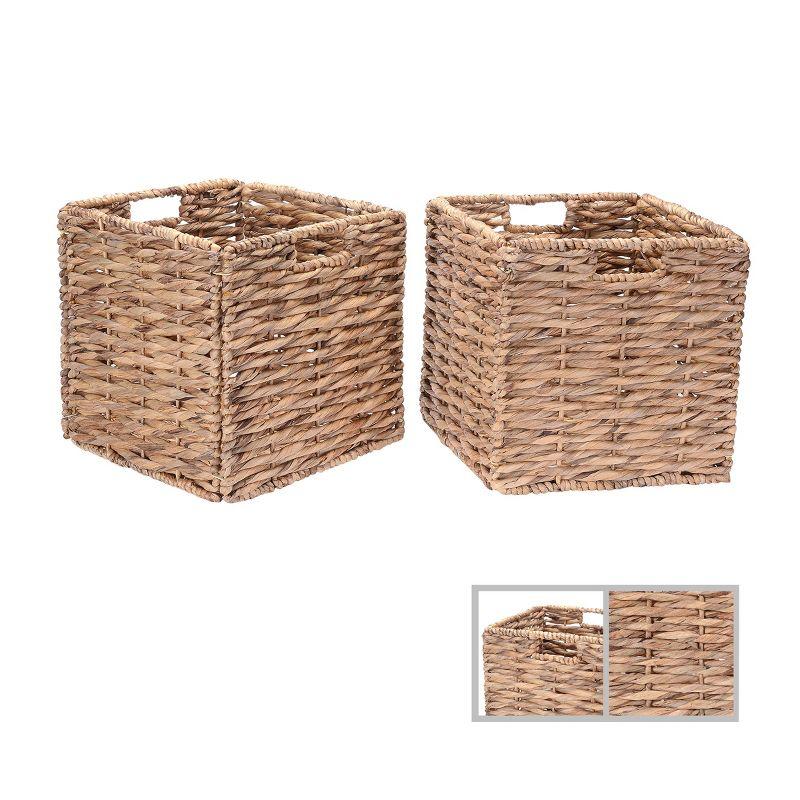 Set of 2 Handmade Wicker Baskets - 12-Inch Square Foldable Storage Bins with Handles - Made of Hand-Twisted Water Hyacinth by Villacera (Natural)