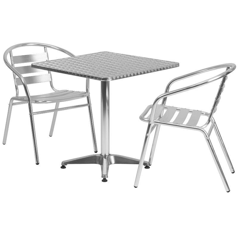 27.5'' Square Silver Stainless Steel Dining Table Set with 2 Aluminum Chairs