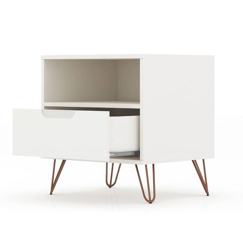 Set of 2 Rockefeller 1 Drawer Nightstands Off White - Manhattan Comfort: Mid-century Design, Metal Legs, Concealed Storage