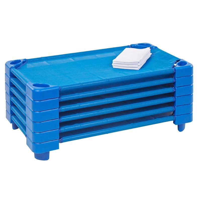 ECR4Kids ECR4Kids Stackable Kiddie Cot with Sheet, Classroom Furniture, Blue (Set of 6)