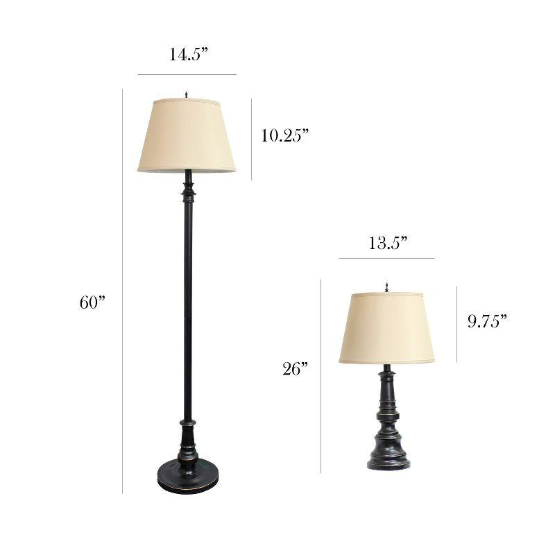 3pk Restoration Lamp Set (2 Table Lamps and 1 Floor Lamps) Bronze - Elegant Designs: Antique Finish, Cotton Shades, UL Listed