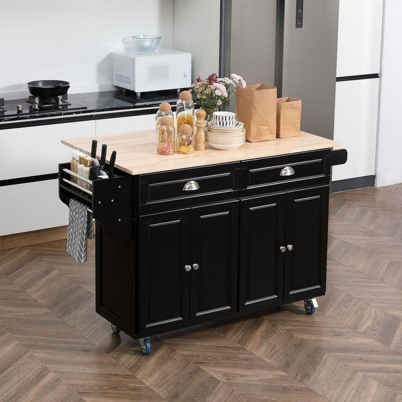 HOMCOM Rolling Kitchen Island Drop Leaf, Kitchen Cart on Wheels, Solid Wood Top Breakfast Nook with Storage Drawers, Cabinets and Spice Rack, Black