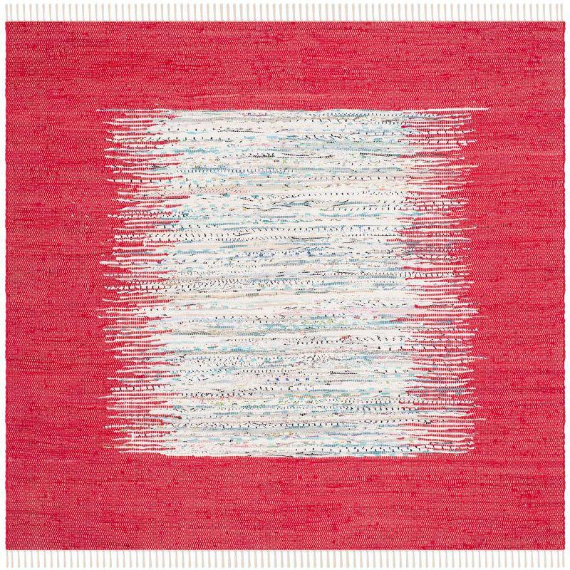 Ivory and Red Abstract Hand Woven Cotton Area Rug - 6' Square