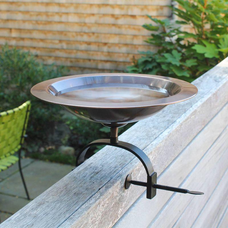 8.5" Classic II Over Rail Birdbath, Antique Copper, Weather-Resistant Wrought Iron Bracket - Achla Designs: No-Drill Clamp, Porch/Balcony Use