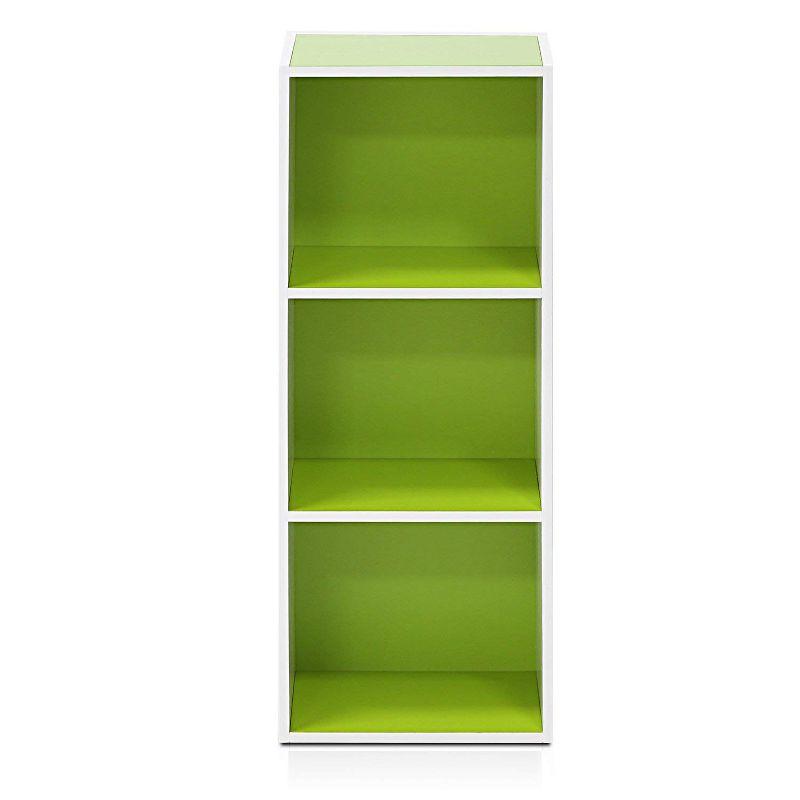 Sleek White 3-Tier Open Shelf Bookcase with Green Accents