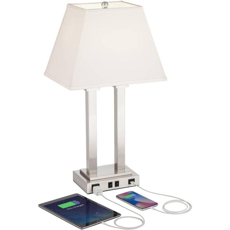 Possini Euro Design Amity Modern Table Lamp 26" High Brushed Nickel with USB and AC Power Outlet in Base White Linen Shade for Bedroom Bedside Desk