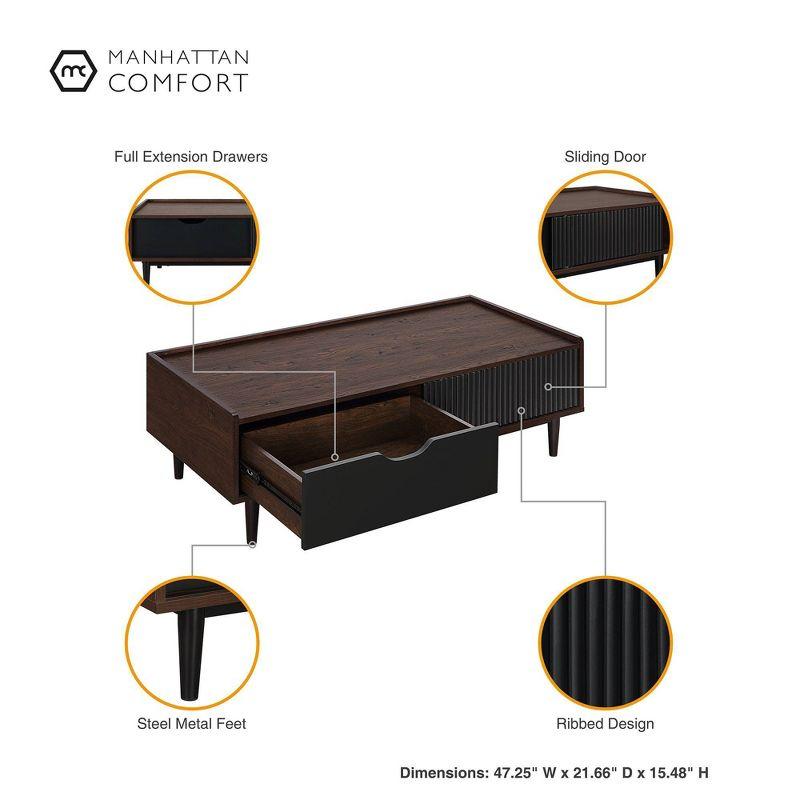 Manhattan Comfort Duane Ribbed Coffee Table with Drawer and Shelf Dark Brown/Black: Rectangular, MDF, Living Room Furniture