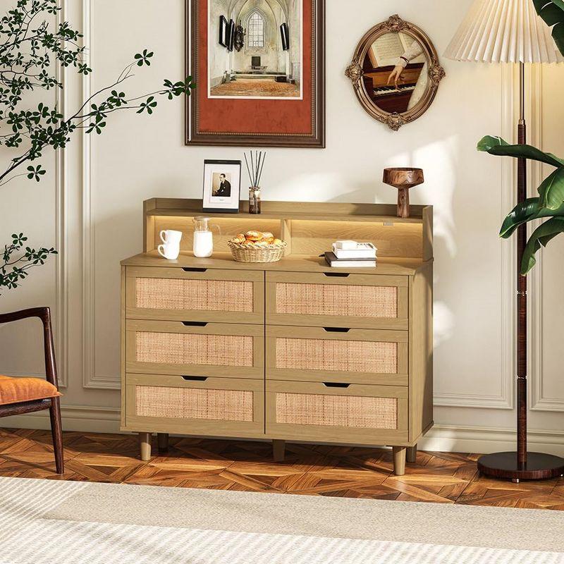 Rattan 6-Drawers Storage Cabinet, 43.31" Dresser with LED Lights and Power Outlet for Entryway, Living Room, Bedroom,Natural