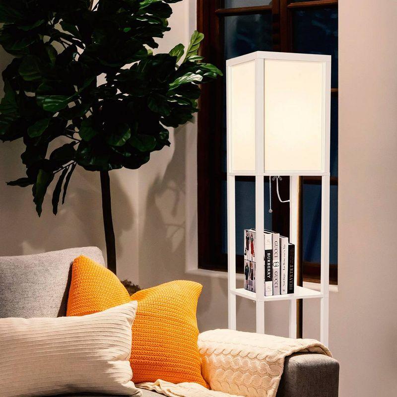 Brightech Maxwell 63" Modern LED Shelf Floor Lamp with White Finish, 3 Tiers, and Fabric Square Shade, Bulb Included