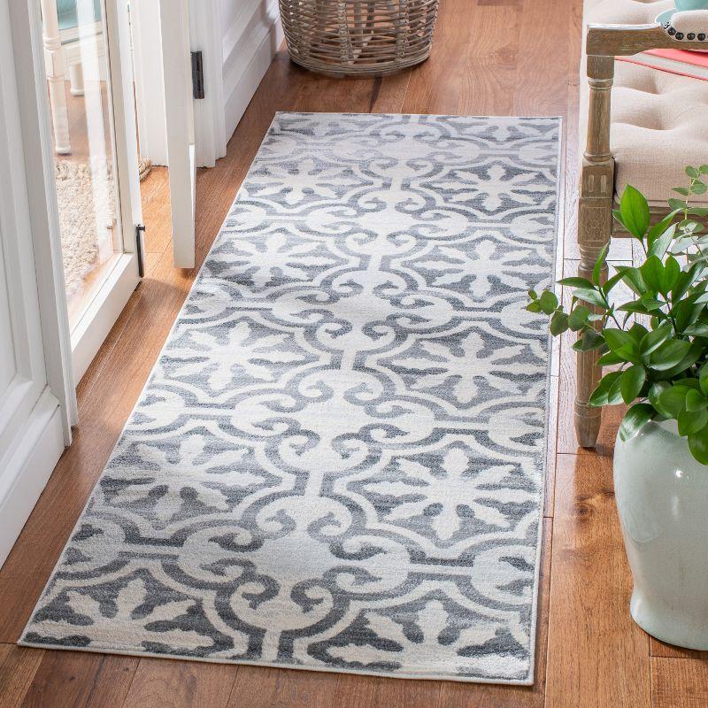 Grey and Ivory Hand-Knotted Synthetic Runner Rug