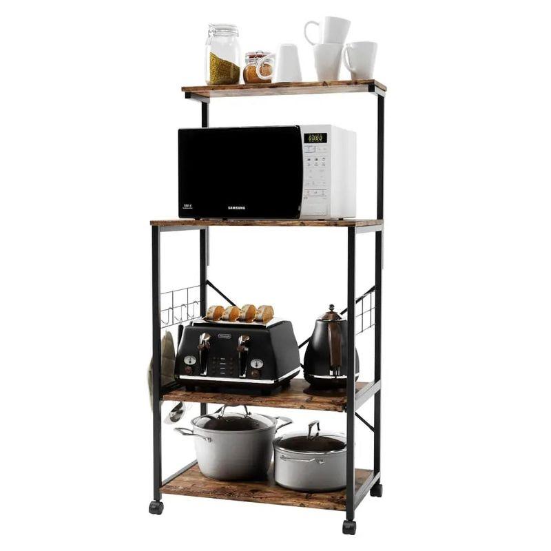 Rustic Brown Adjustable 4-Tier Wood Bakers Rack with Wheels