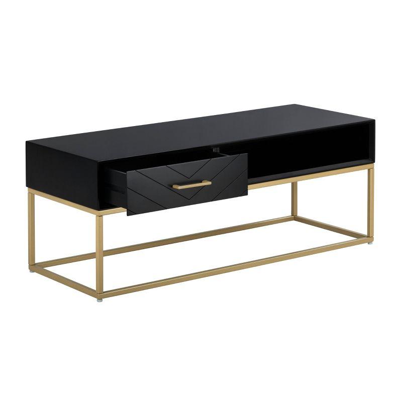 Tommy Hilfiger Ellias Modern TV Console Stand with 1 Drawer, Glossy Black Top, Golden Metal Frame