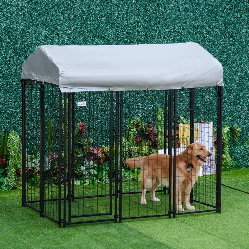 Pawhut Large Outdoor Dog Kennel Steel Fence with UV-Resistant Oxford Cloth Roof & Secure Lock