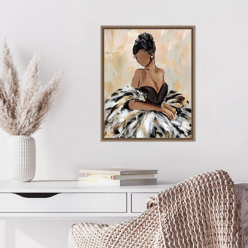 Elegant Black Dress with Feathers Framed Canvas Wall Art 16"x20"