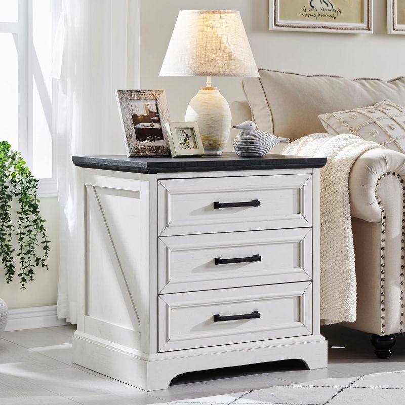 24" Wide Farmhouse Nightstand with Charging Station & 3 Drawers & Handles, End Table for Bedroom, Living Room