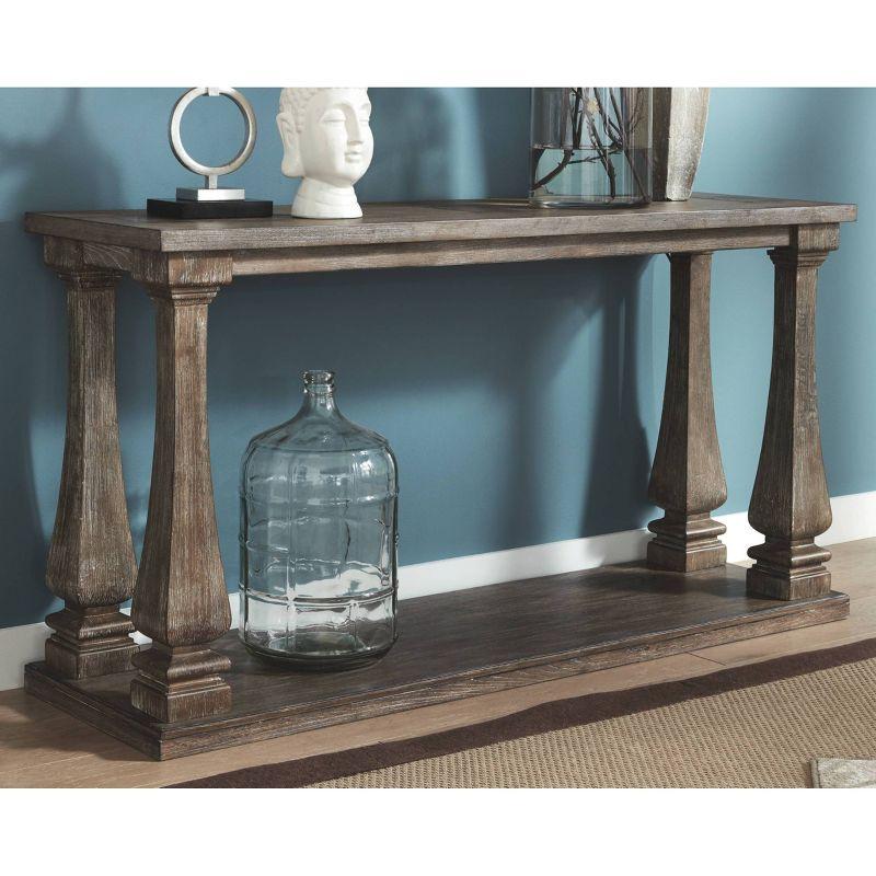 Johnelle Sofa Table Gray: Distressed Elm Veneer, Square Baluster Legs - Signature Design by Ashley