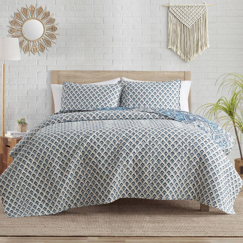 VCNY 3pc Full/Queen Denim Boho Medallion Reversible Quilt Set: Microfiber, Hypoallergenic, No Fill