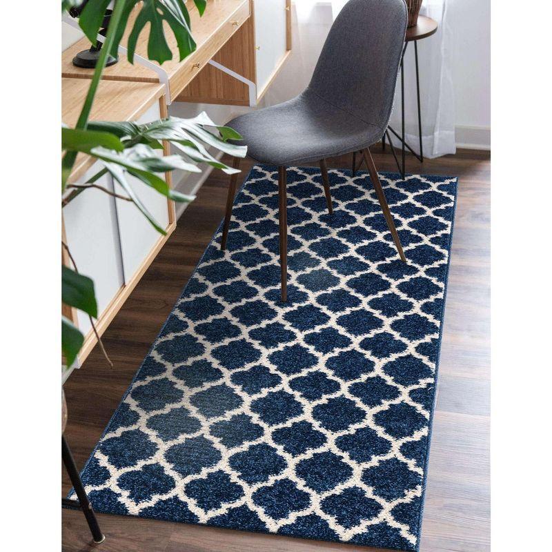 Dark Blue Synthetic Trellis Reversible Runner Rug