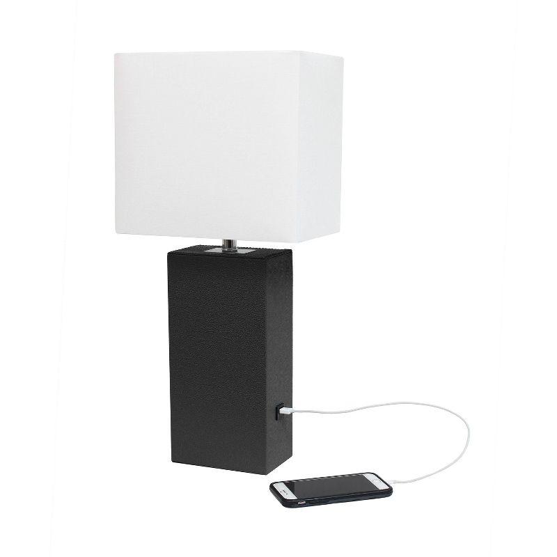 Elegant Designs 21" Modern Leather Wrapped Table Lamp with USB Port and Feit LED (Includes LED Light Bulb) Black