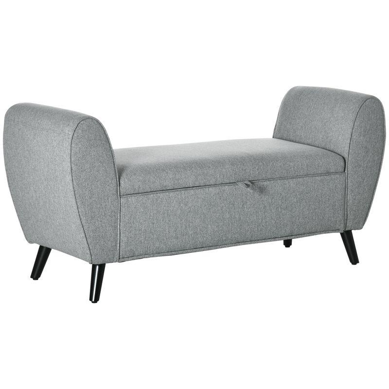 Elegant Light Grey Linen-Feel Upholstered Storage Bench with Oval Arms