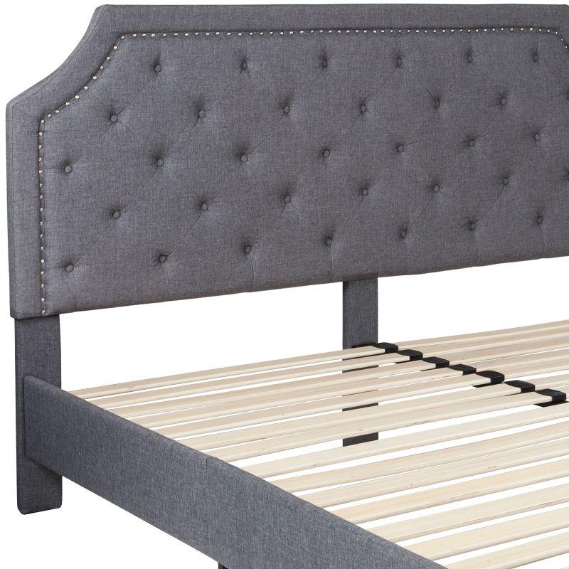 Elegant King-Sized Light Gray Upholstered Platform Bed with Nailhead Trim