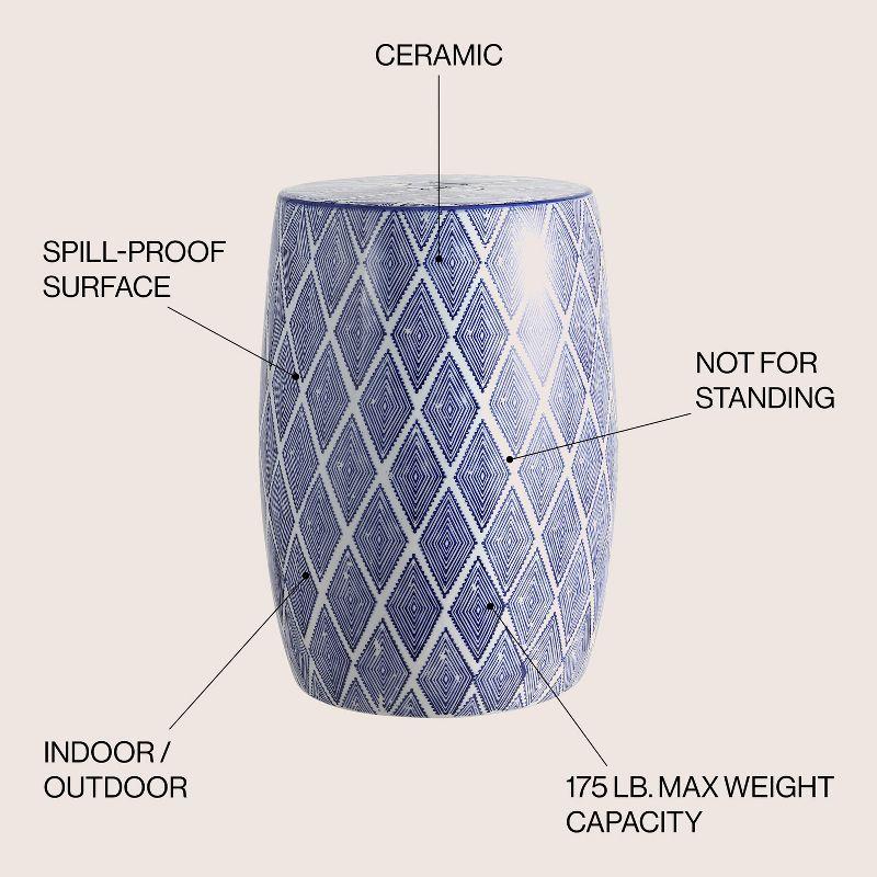Moroccan Diamonds 18" Ceramic Drum Garden Stool, Blue/White - JONATHAN Y