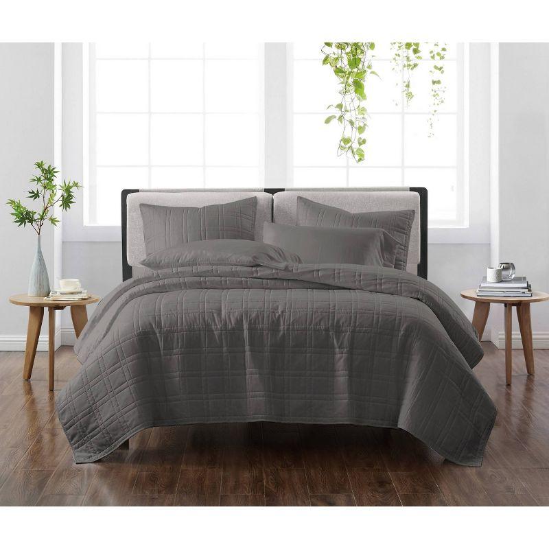 Gray Full Microfiber Reversible Quilt Set