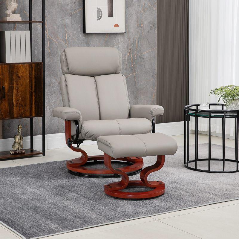 HOMCOM Recliner Chair with Ottoman, 360° Swivel Reclining Chair with Wood Base and Matching Footrest, Gray