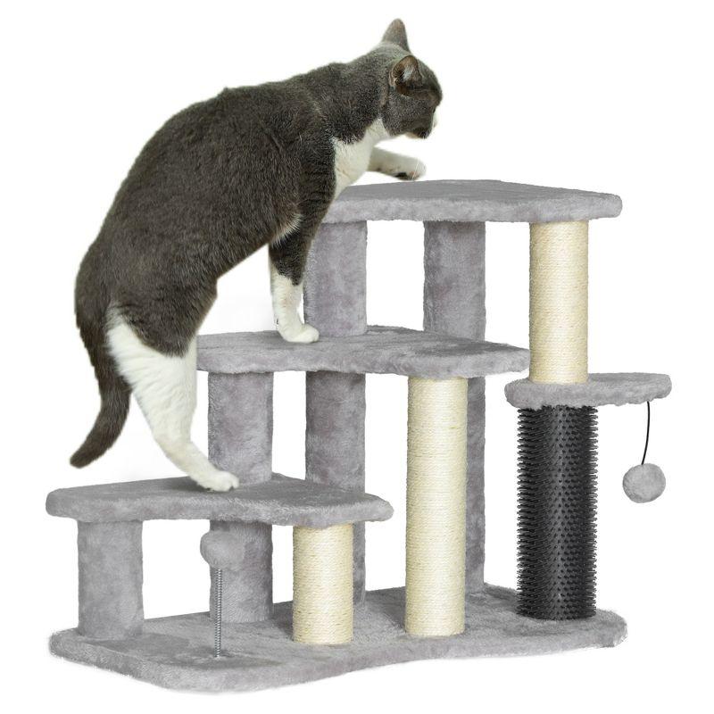 PawHut 20" Cat Tree, 2 in 1 Cat Tower 3-Step Pet Stairs with Scratching Posts, Tickling Post, Toy Balls, for High Beds, Couch, Sofa, Light Gray
