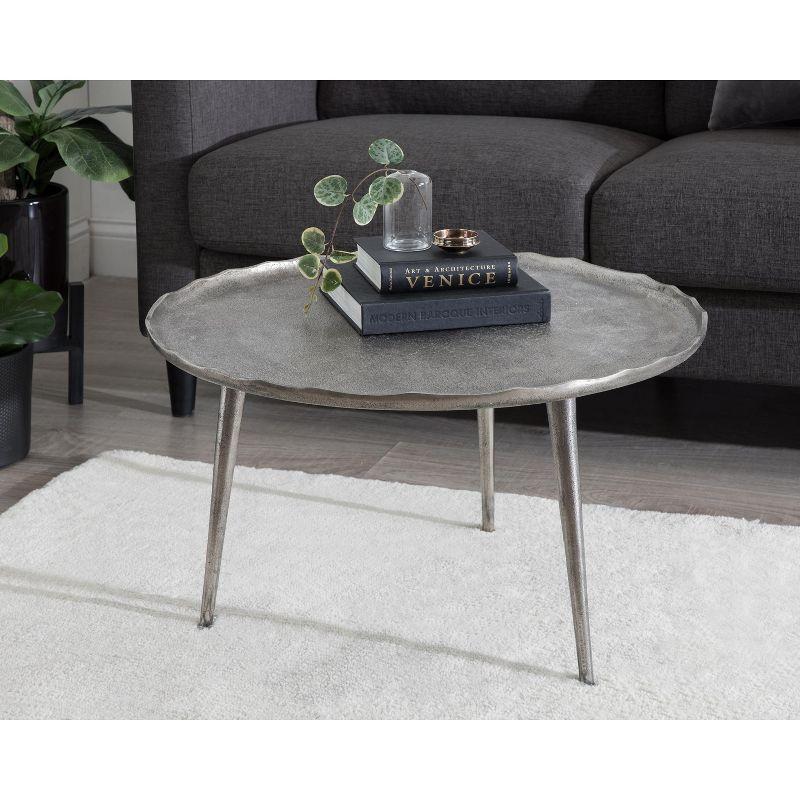 Alessia Artisanal Silver Aluminum Round Coffee Table with Deckled Edge